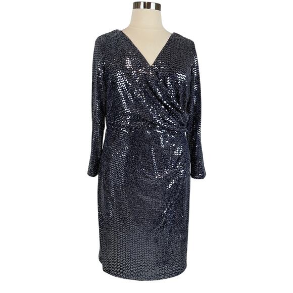 Betsy & Adam Metallic Long Sleeve Sheath Cocktail Dress Size 18W Blue V-Neck - Picture 1 of 14